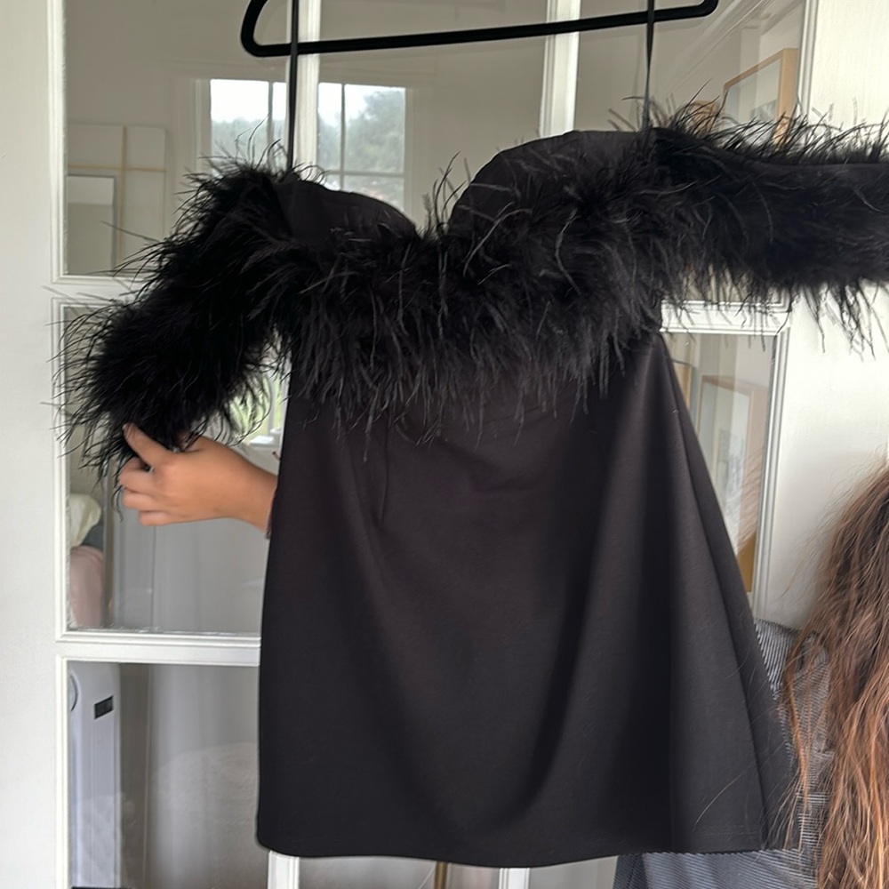 Feathered Off Shoulder Cocktail Dress